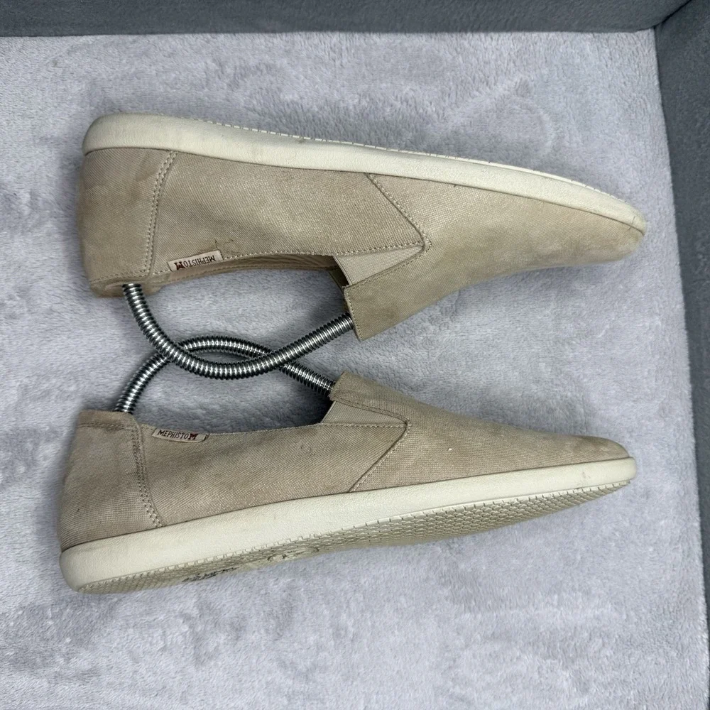 Mephisto Womens 9.5 Beige Canvas Slip On Walking Shoes Air Jet Comfort